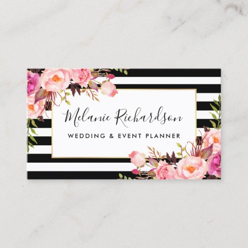 Modern Elegant Pink Floral Black Striped Business Card