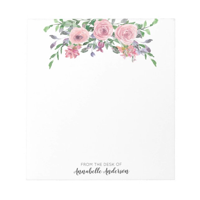 Modern Elegant Pink Floral Bouquet Watercolor Rose Notepad (Front)