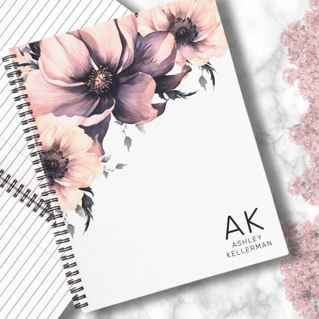 Modern Elegant Pink Floral Initial Monogram Notebook (Modern Elegant Monogram Initial Boho Pink Floral Notebook)
