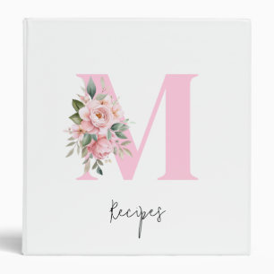 Modern Elegant Pink Floral Initial Monogram Recipe 3 Ring Binder