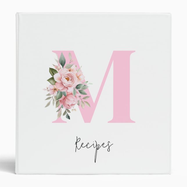 Modern Elegant Pink Floral Initial Monogram Recipe 3 Ring Binder (Front)