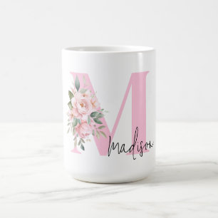 Modern Elegant Pink Floral Initial Name Monogram Coffee Mug