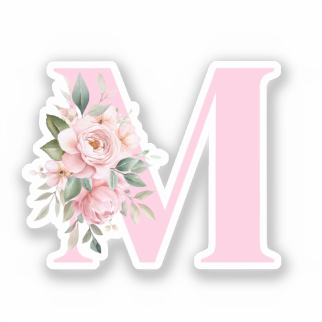 Modern Elegant Pink Floral Initial Name Monogram Sticker (Front)