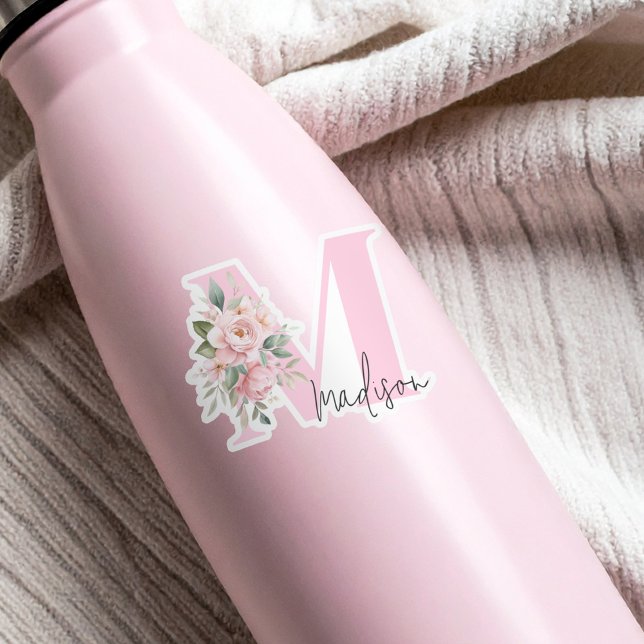 Modern Elegant Pink Floral Initial Name Monogram Sticker (Creator Uploaded)
