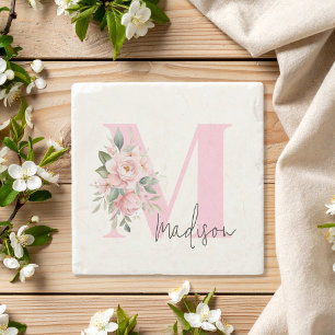 Modern Elegant Pink Floral Initial Name Monogram Stone Coaster