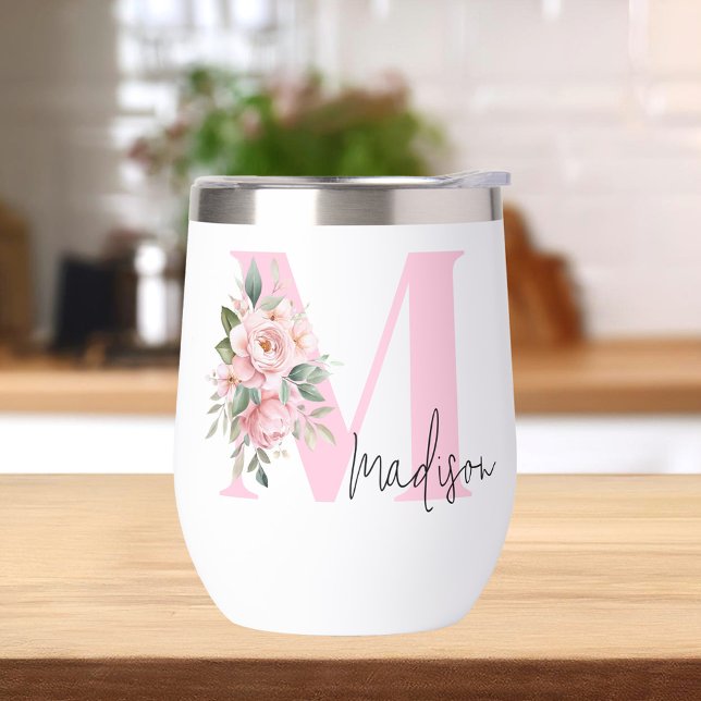 Modern Elegant Pink Floral Initial Name Monogram Thermal Wine Tumbler (Creator Uploaded)