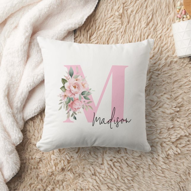 Modern Elegant Pink Floral Initial Name Monogram Throw Pillow (Blanket)