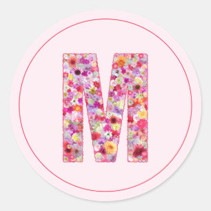 Modern Elegant Pink Floral Monogram Letter M Classic Round Sticker
