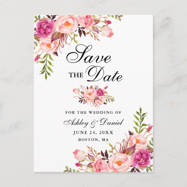 Modern Elegant Pink Floral Save the Date Announcement Postcard (Front)