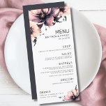 Modern Elegant Pink Floral Wedding Menu<br><div class="desc">Cute and simple modern pink, black and white flower wedding design. A classic but whimsical look with pink, black, gray and cream colored flowers with black fonts and modern lettering. Edit all of the text to your own information. You can even change out the background color to anything you want!...</div>