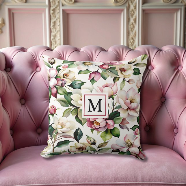 modern elegant pink flowers Monogrammed feminine  Throw Pillow (Creator Uploaded)