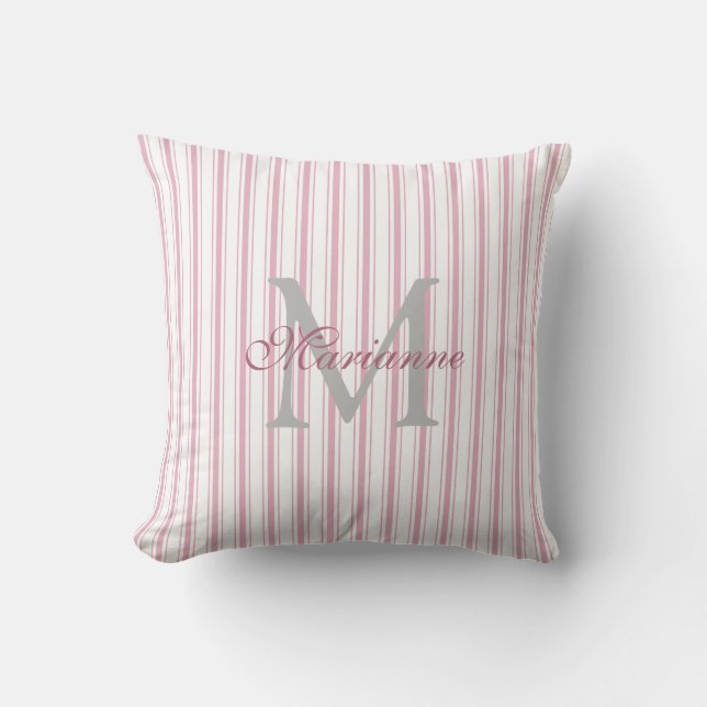 Modern Elegant Pink French Stripes Name Monogram Throw Pillow (Front)