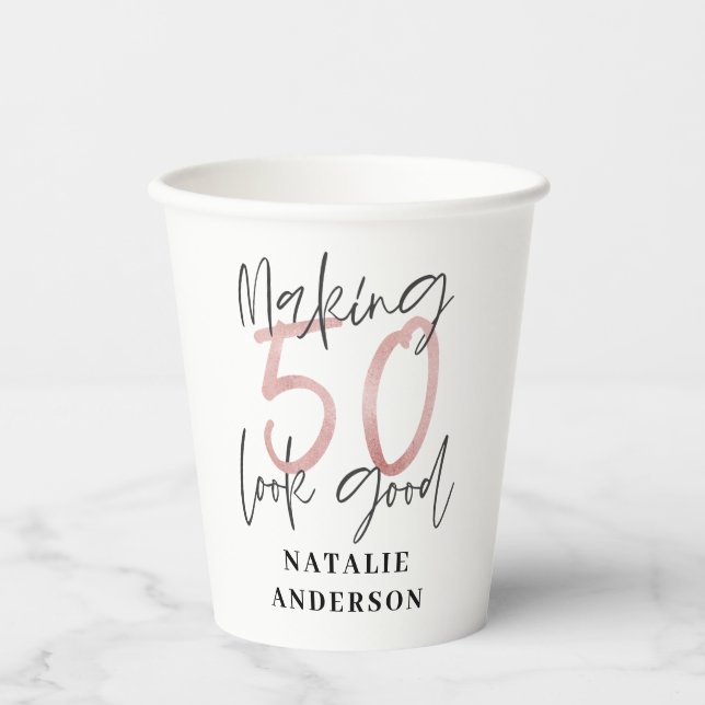 modern elegant pink girly 50th birthday party paper cups (Front)