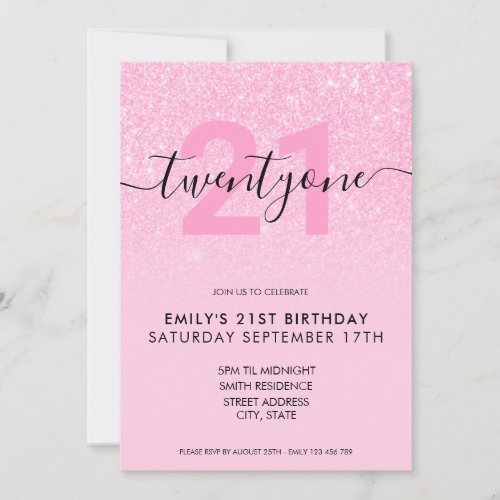 Modern Elegant Pink Glitter 21st Birthday Invitation