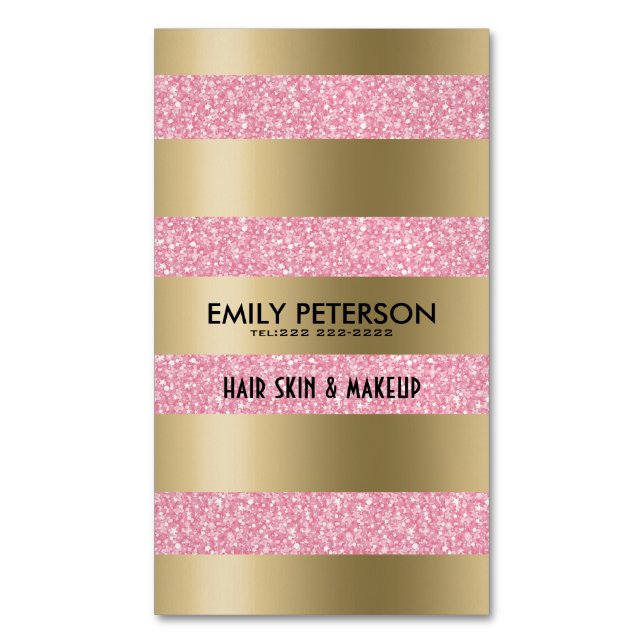 Modern Elegant Pink Glitter And Gold Stripes Business Card Magnet (Front Vertical)