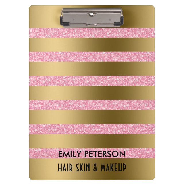 Modern Elegant Pink Glitter And Gold Stripes Clipboard (Front)