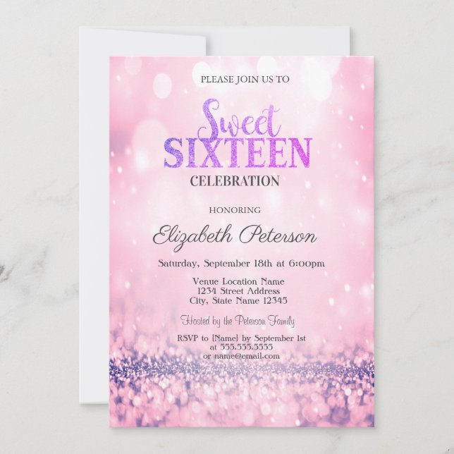 Modern Elegant Pink Glitter Bokeh Sweet 16 Invitation (Front)
