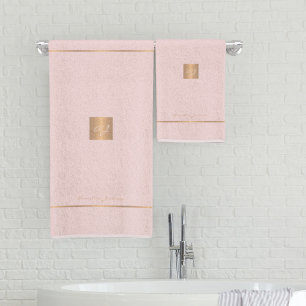 Modern elegant pink gold chic monogrammed stripes bath towel set
