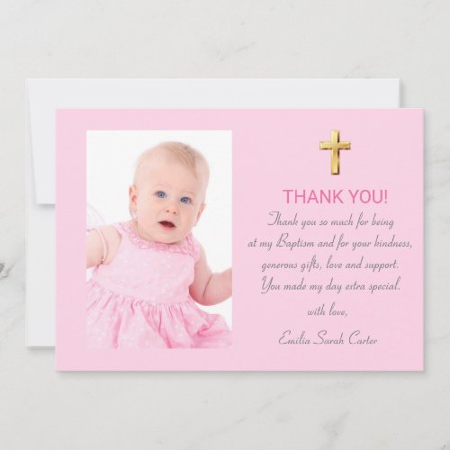 Modern Elegant Pink Gold Cross Girl Baptism Thank You Card