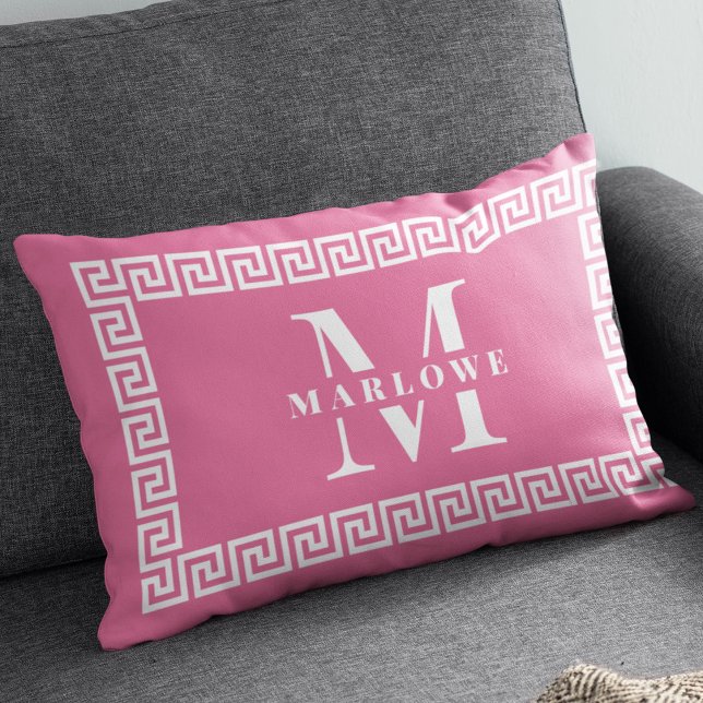 Modern Elegant  Pink Greek Key Frame Monogram Lumbar Pillow (Creator Uploaded)