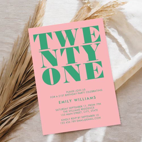 Modern Elegant Pink Green Bold 21st Birthday Invitation
