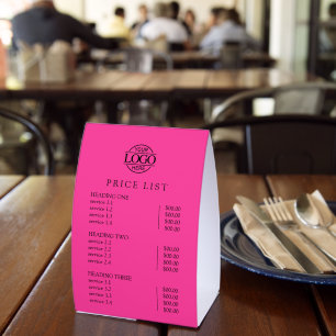 Modern Elegant Pink Logo Service Menu Price List Paper Table Tent