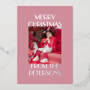 Modern Elegant Pink Merry Christmas Photo Silver Foil Holiday Card