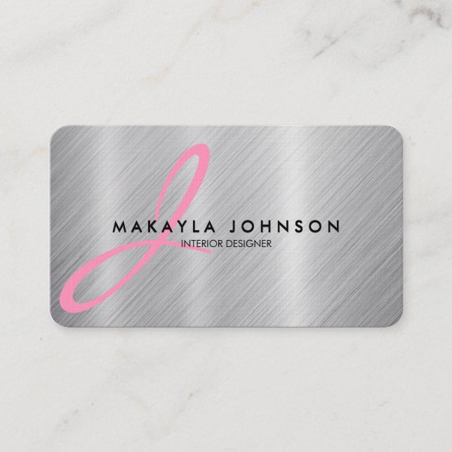 Modern & Elegant Pink Monogram Brushed Aluminum Business Card (Front)