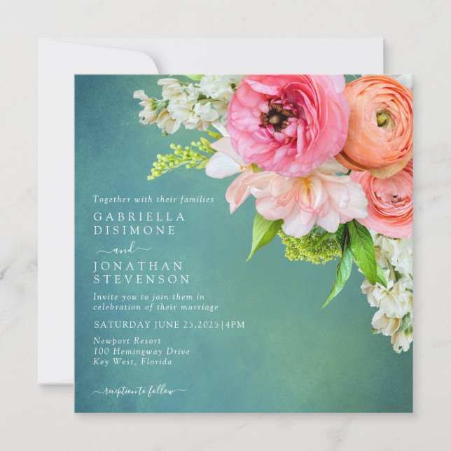 Modern Elegant Pink Orange Floral Wedding Invitation (Front)