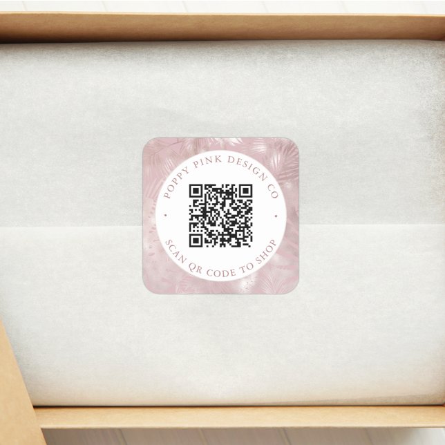Modern Elegant Pink Palms Custom QR Code Square Sticker (Creator Uploaded)