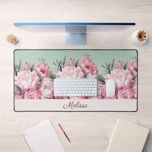 Modern Elegant Pink Peonies Floral Desk Mat