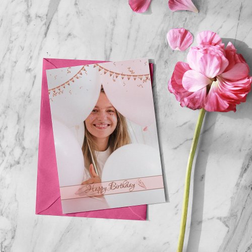 Modern Elegant Pink photo Birthday Card