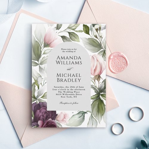 Modern Elegant Pink Plum Floral Wedding Invitation