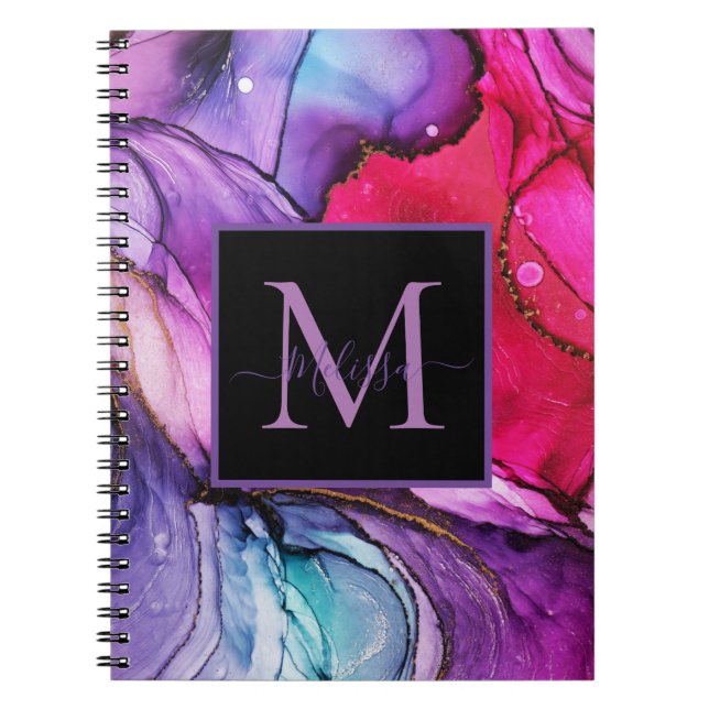 Modern Elegant Pink, Purple Marbled Monogram Notebook (Front)