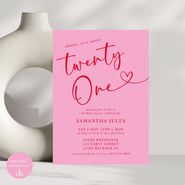 Modern Elegant Pink Red 21st Birthday Party Invitation (Creator Uploaded)