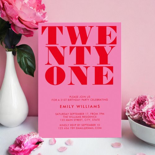 Modern Elegant Pink Red Bold 21st Birthday Invitation