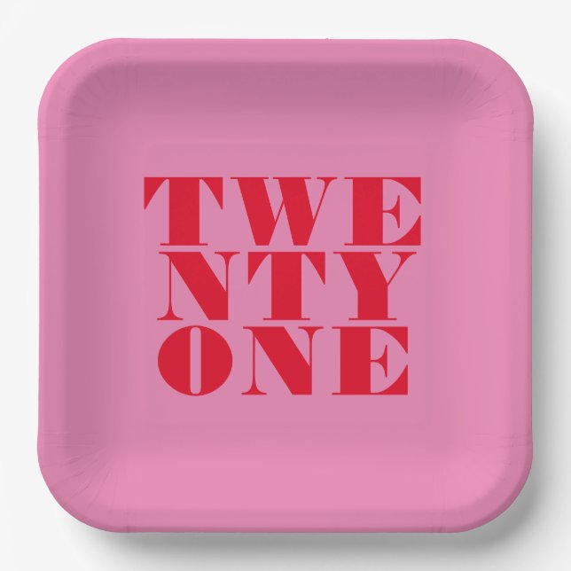 Modern Elegant Pink Red Bold 21st Birthday Paper Plates (Front)
