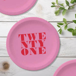 Modern Elegant Pink Red Bold 21st Birthday Paper Plates