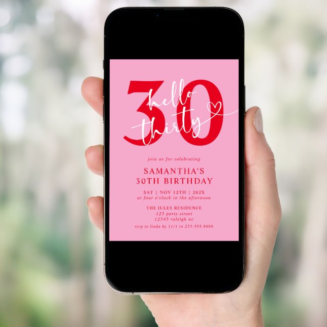 Modern Elegant Pink Red Hello 30th Birthday Party Invitation (Front Digital)