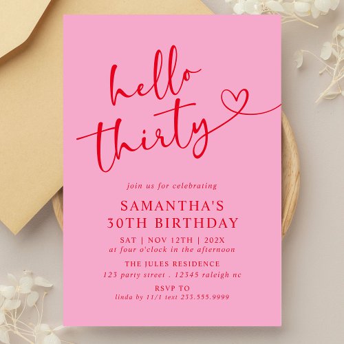 Modern Elegant Pink Red Hello 30th Birthday Party