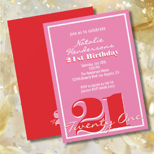 Modern Elegant Pink Red Retro 21st Birthday Invitation