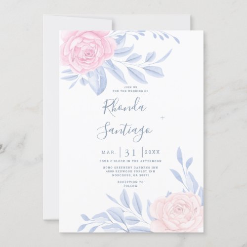 Modern Elegant Pink Rose Blue Minimalist Wedding Invitation