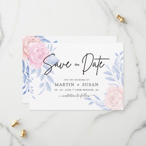 Modern Elegant Pink Rose Blue Minimalist Wedding Save The Date