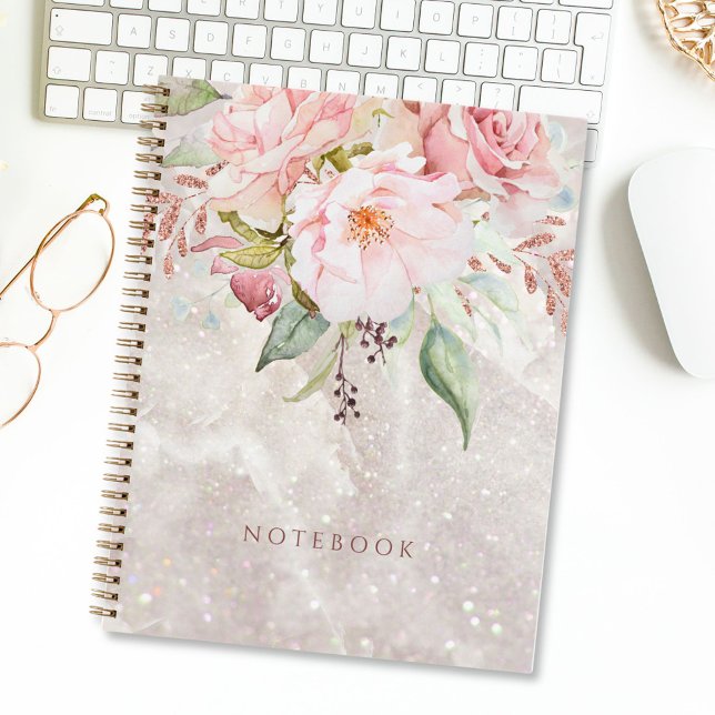 Modern Elegant Pink Rose Peony Floral Marble Notebook (In situ)