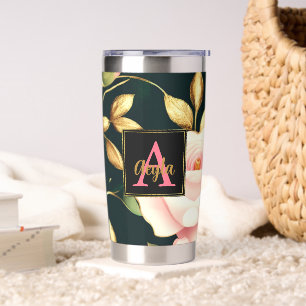 Modern Elegant Pink Roses Gold Leaves Monogram Insulated Tumbler