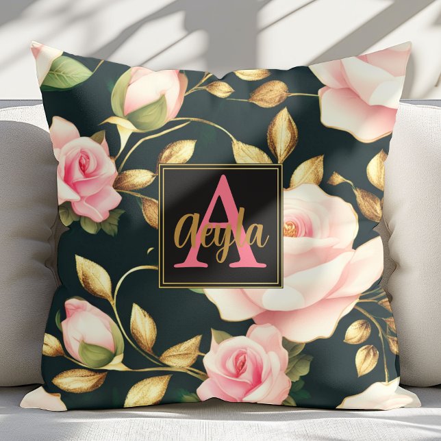 Modern Elegant Pink Roses Gold Leaves Monogram Throw Pillow (Creator Uploaded)