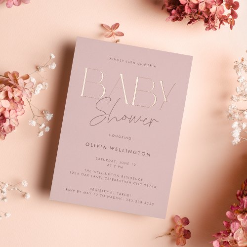 Modern Elegant Pink Script Baby Shower Gold Foil Invitation