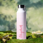 Modern Elegant Pink Script Custom Name Monogrammed Water Bottle<br><div class="desc">Create your own custom, personalized, modern, cool, stylish, chic, trendy, baby pink and white stripes shaded striped pattern design, girly, feminine, elegant girly pink typography script, spill-proof, stainless steel, condensation-resistant exterior, monogrammed matte black durable double-wall Thor Copper Vacuum Insulated Bottle that keeps beverages hot for 12 hours or cold for...</div>