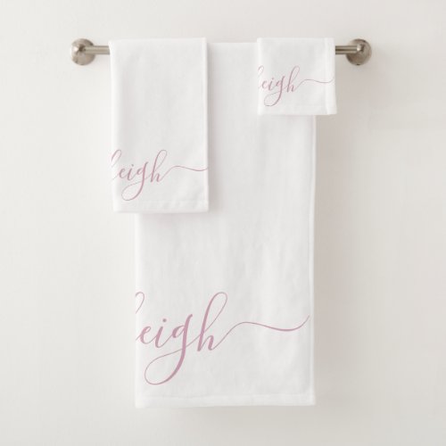 Modern Elegant Pink Script Name White Bath Towel Set
