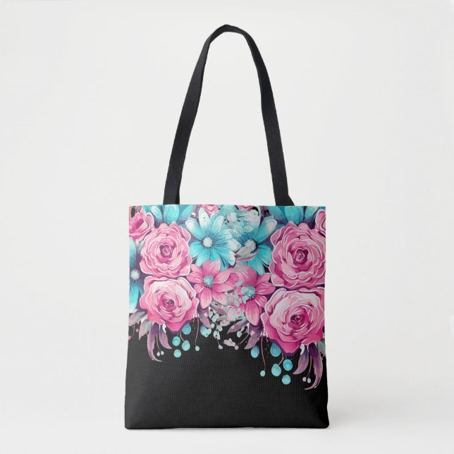 Modern Elegant Pink & Teal Floral Tote (Front)
